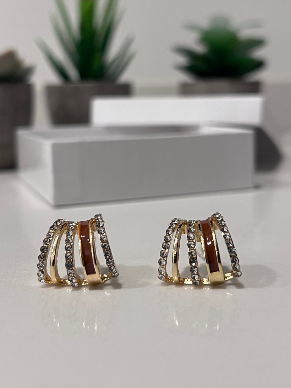Gold-Tone Brown Enamel & Crystal Multi-Row Hoop Earrings